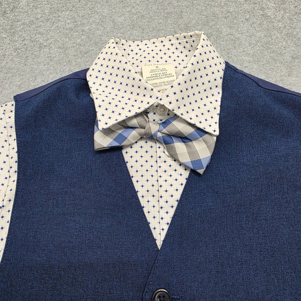 Van Heusen Boy Size 8 3 Piece Dress Set Blue Plaid Bow Tie White Dot Shirt Vest - Picture 4 of 12